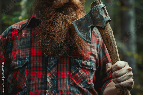 Generative AI cropped image of bearded harsh brutal woodcutter man holding an axe, wearing a plaid shirt photo