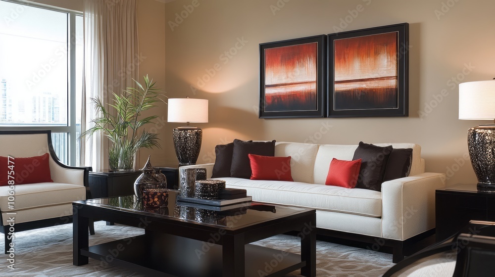 Fototapeta premium Modern Living Room with White Sofa, Black Coffee Table, and Abstract Artwork