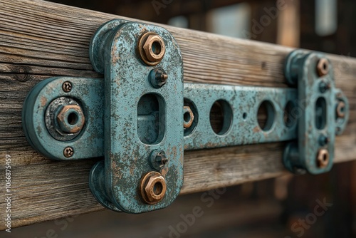 Weathered Metal Hinge on a Wooden Beam