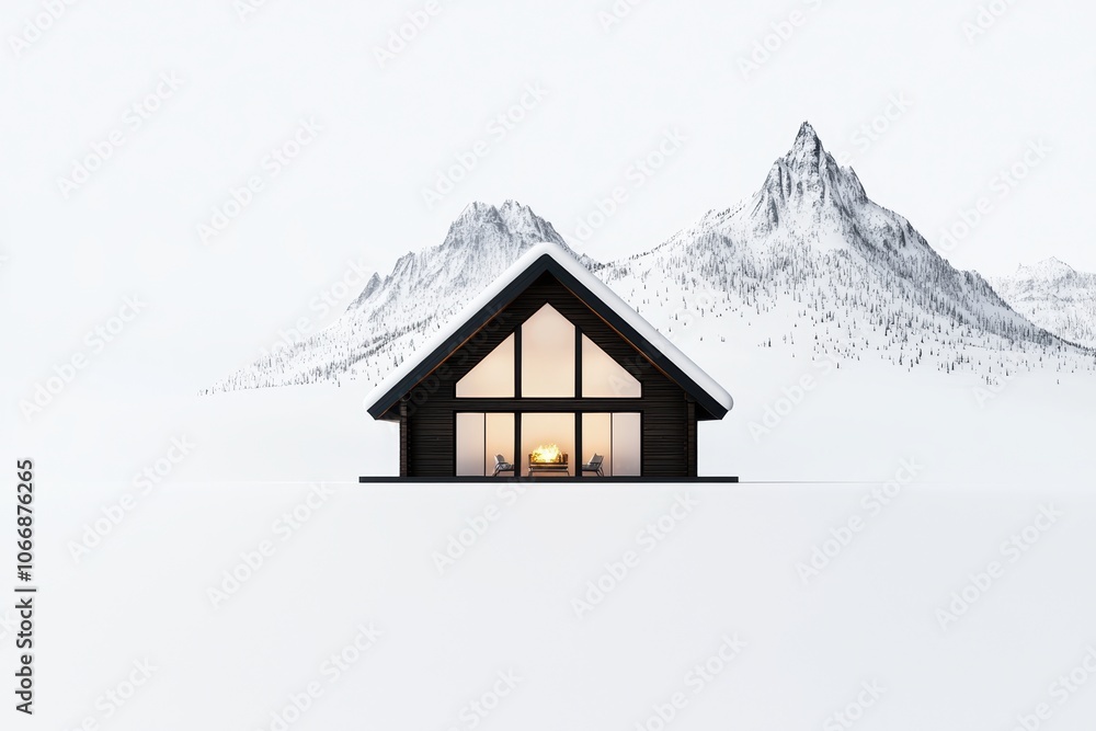 Fototapeta premium Cozy mountain lodge with fireplace, warm blankets, and scenic windows, inviting winter getaway, rustic comfort, 3D illustration