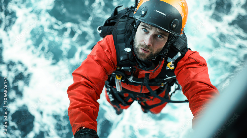 Rescue technician in bright red gear climbs rope, showcasing determination and focus amidst turbulent ocean waves. scene captures essence of bravery and skill in challenging conditions Rescue technician in bright red gear climbs rope, showcasing determination and focus amidst turbulent ocean waves. scene captures essence of bravery and skill in challenging conditions