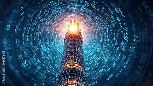 Cyberpunk Tower Emerging from a Digital Vortex