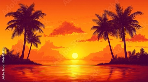 Silhouettes of Palm Trees Against a Vibrant Sunset Over a Tranquil Ocean