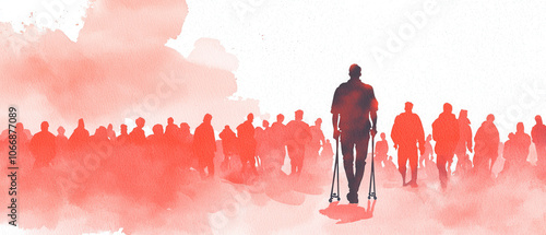 A solitary figure walks among a crowd, depicted in a watercolor style, suggesting themes of struggle, resilience, and unity in the midst of adversity.