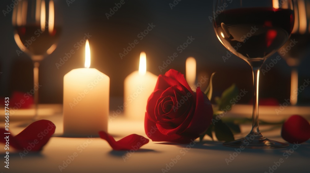 Romantic candle-lit dinner table with wine glasses, roses, elegant setup, intimate and cozy, special occasion setting, 3D illustration Romantic candle-lit dinner table with wine glasses, roses, elegant setup, intimate and cozy, special occasion setting, 3D illustration