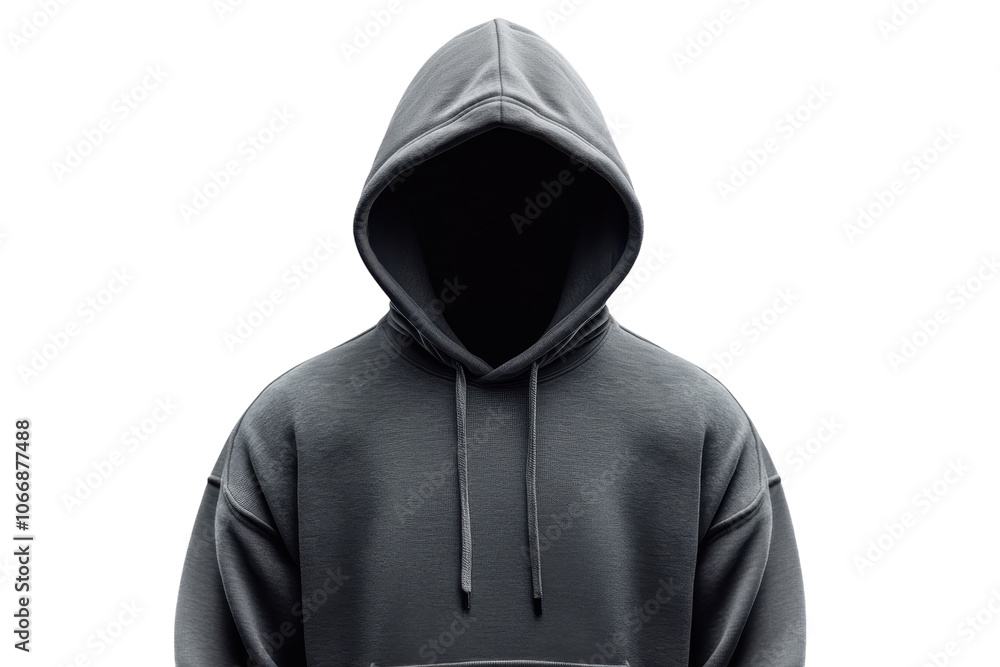 Mysterious figure in a dark hoodie with a concealed face against a plain background Mysterious figure in a dark hoodie with a concealed face against a plain background