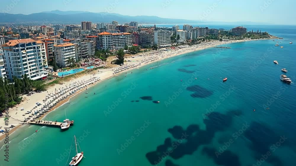 An aerial view of a beach and city, with boats in the turquoise water An aerial view of a beach and city, with boats in the turquoise water