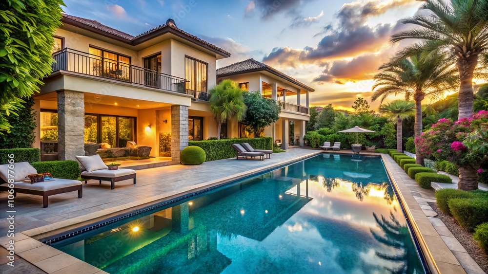 Fototapeta premium Exquisite Luxury Villa with Stunning Outdoor Swimming Pool and Elegant Exterior Design Surrounded by Lush Greenery in a Serene and Picturesque Setting for Ideal Relaxation