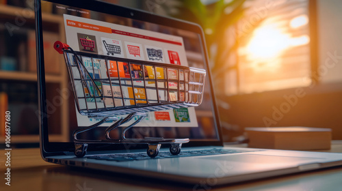 Laptop Screen with Shopping Cart and Online Store View photo