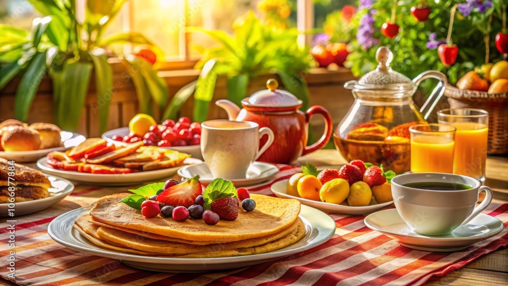 Festive Breakfast with Crepes, Fruit Tart, and Tea: A Colorful Table Setting Featuring Homemade Pancakes, Fresh Fruits, and Delicious Cookies for a Delightful Morning Experience Festive Breakfast with Crepes, Fruit Tart, and Tea: A Colorful Table Setting Featuring Homemade Pancakes, Fresh Fruits, and Delicious Cookies for a Delightful Morning Experience