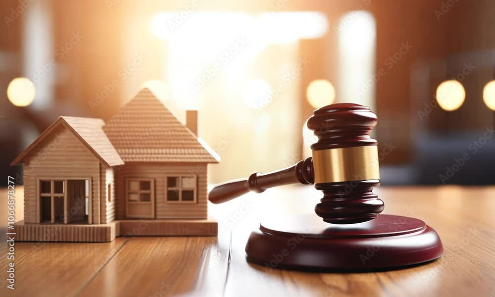 legal gavel and house model on desk in courtroom legal gavel and house model on desk in courtroom