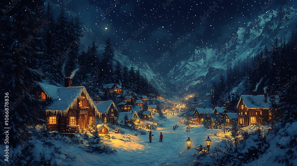 Fototapeta premium A cozy village nestled in a snowy mountain valley under a starry night sky.