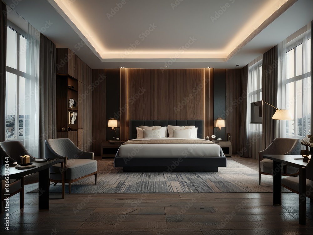 Fototapeta premium luxury hotel bedroom,interior of a bedroom,interior of a hotel room,luxury comfortable bedroom,hotel room interior