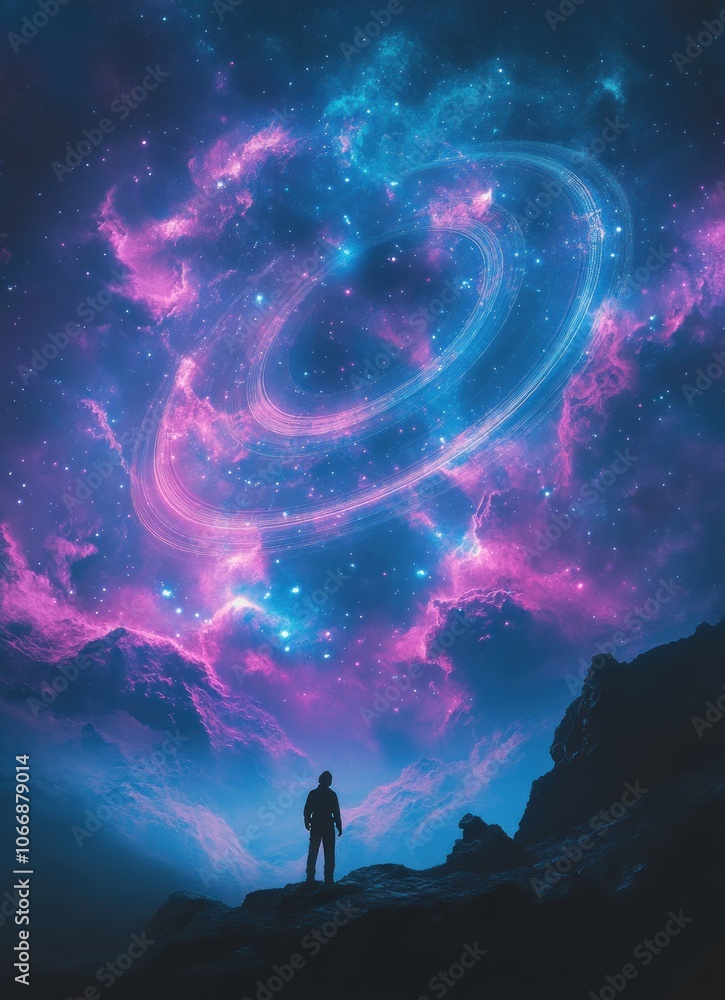 A lone figure gazes at a swirling nebula in a starry night sky. A lone figure gazes at a swirling nebula in a starry night sky.