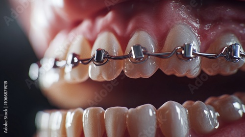 The focus is on a mouth adorned with braces, highlighting the meticulous arrangement of teeth and dental hardware under bright lighting to emphasize oral care photo