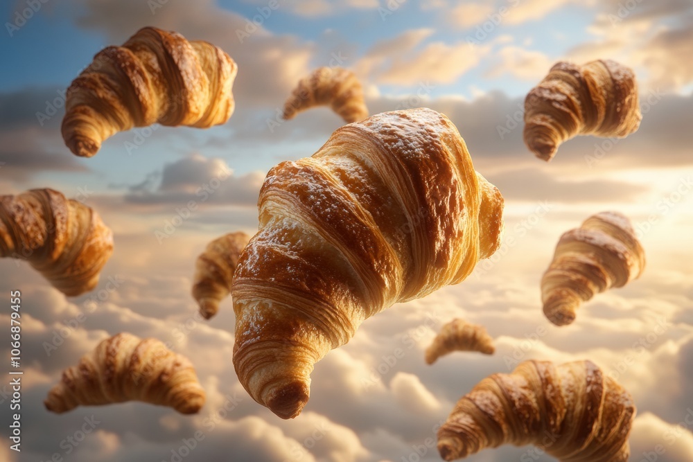 Flying croissants on sky background. Flying croissants on sky background.