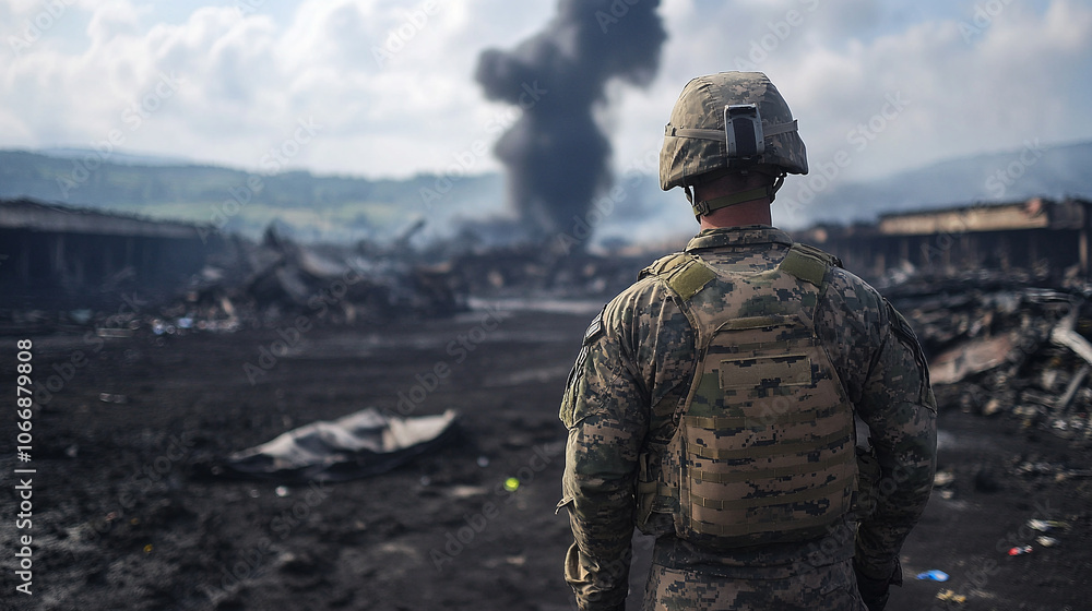 Soldier in gear and uniform looks at explosion. View from behind Soldier in gear and uniform looks at explosion. View from behind