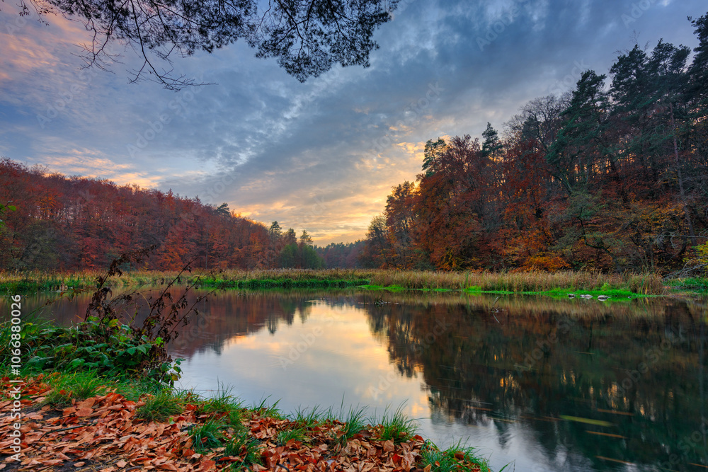 Fototapeta premium Autumnal scenery and the railway bridge in Rutki, Kashubia. Poland