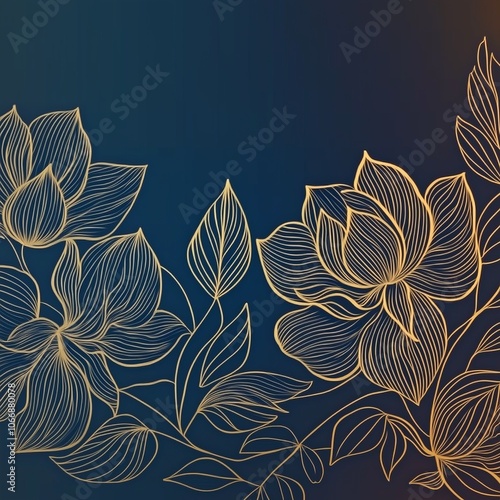 Elegant gold line artwork of floral designs on a deep blue background suitable for various creative projects and digital use