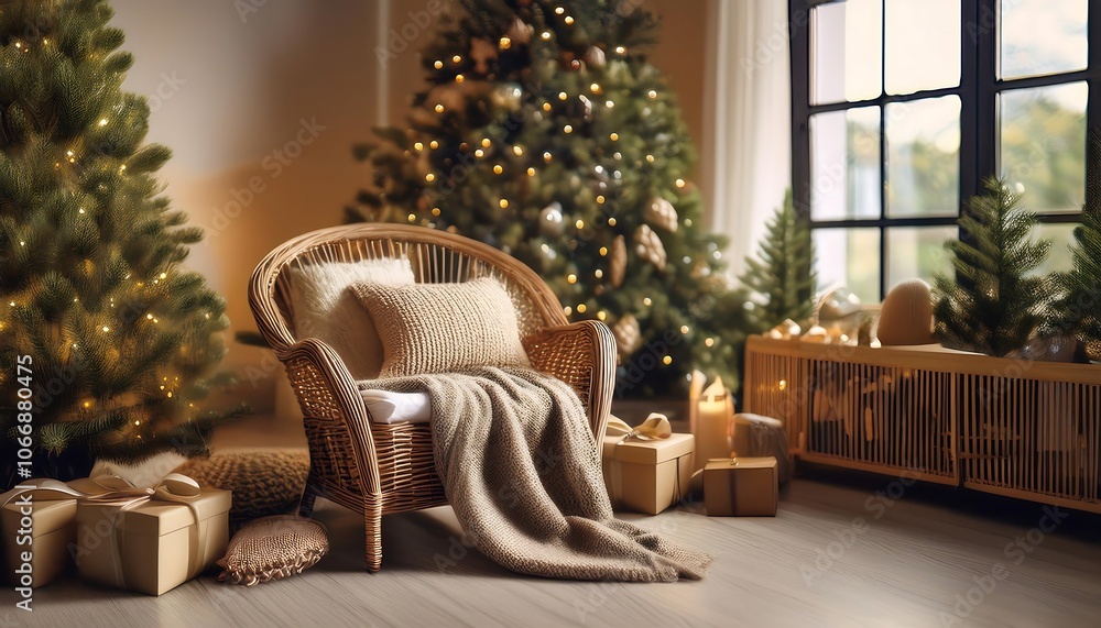 A cozy wicker armchair with a blanket and a Christmas gift sits near a decorated Christmas tree in a festive living room. A cozy wicker armchair with a blanket and a Christmas gift sits near a decorated Christmas tree in a festive living room.