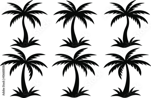 Set of palm tree black icons vector on transparent background