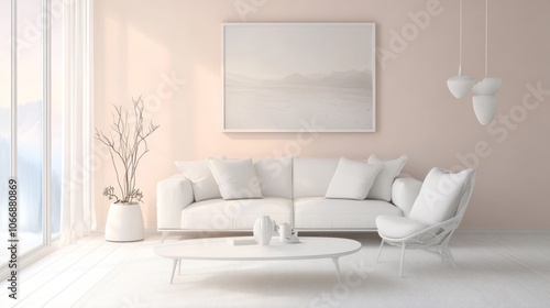 Modern Minimalist Living Room Interior Design with White Furnishings and a Framed Landscape Print