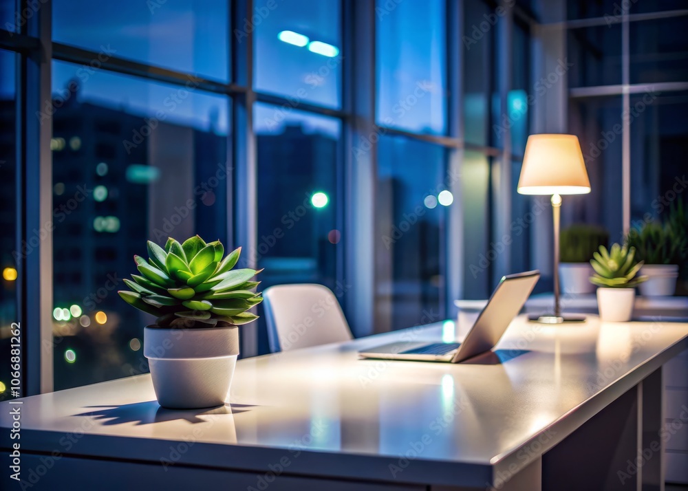 Inviting Minimalist Workplace at Night: A Serene White Desk with Succulent Plant and Ample Copy Space for Creative Ideas and Inspiration in Modern Office Design Inviting Minimalist Workplace at Night: A Serene White Desk with Succulent Plant and Ample Copy Space for Creative Ideas and Inspiration in Modern Office Design