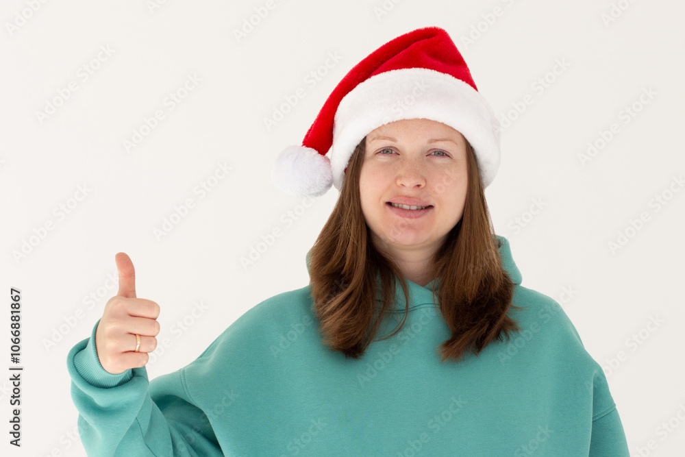 Young funny european woman in red dress and christmas hat showing thumb up and smiling. Happy New Year and Merry Christmas concept Young funny european woman in red dress and christmas hat showing thumb up and smiling. Happy New Year and Merry Christmas concept