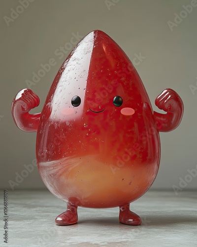 3D rendering of A cute, red, teardrop-shaped character with a happy face flexing his biceps. The focus is sharp, highlighting the image without any text or graphics. generative ai photo