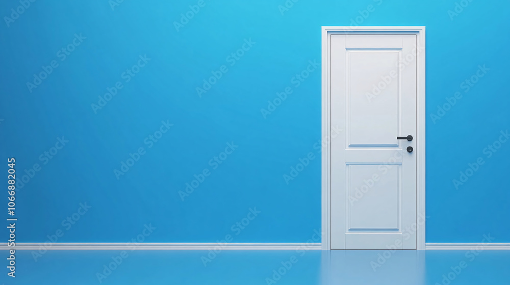 Minimalistic background. Blue wall and white door Minimalistic background. Blue wall and white door