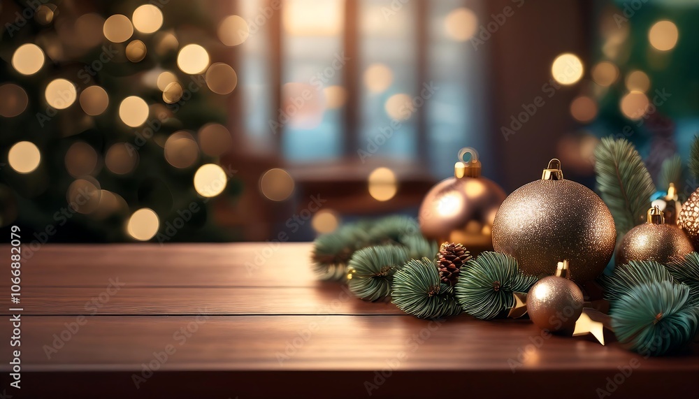 Christmas decorations on a wooden surface with a blurred background. Christmas decorations on a wooden surface with a blurred background.