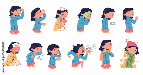 Kid girl cold symptoms. Child cough in elbow rhinitis sickness flu symptom, unwell kids sneeze with tissue dizziness coldness chill influenza or allergy, classy vector illustration