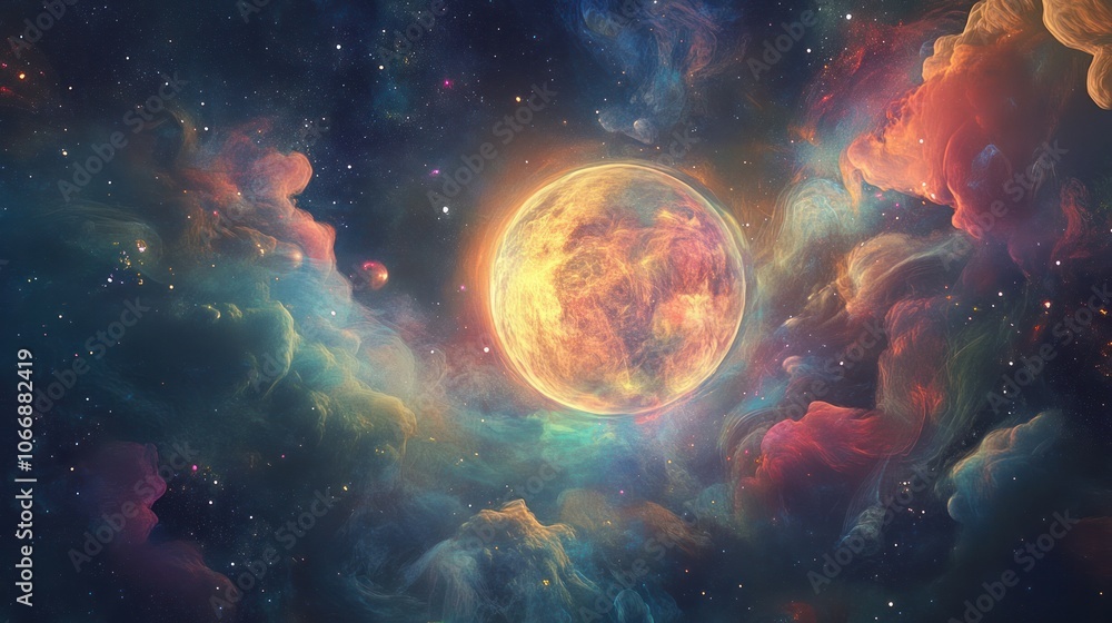 moon, glowing with vibrant colors, surrounded by swirling patterns of light and abstract shapes, moon, glowing with vibrant colors, surrounded by swirling patterns of light and abstract shapes,