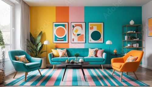 Vibrant Modern Living Room with Colorful Armchairs and Striped Wall, Painting wall at home with multi color, A colorful room with a lot of different colored chairs and tables. 