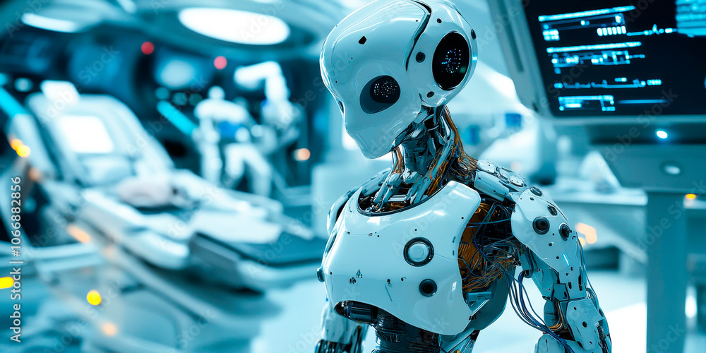 Fototapeta premium Futuristic robot assistant in a high-tech hospital, the concept of modern technologies in medicine