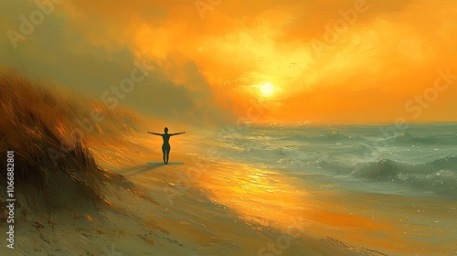 A lone figure stands with outstretched arms on a sandy beach at sunset, overlooking the ocean.