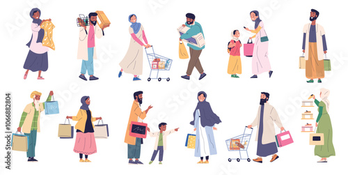 Arabian people shopping. Moslem customers saudi dubai store, muslim happy family arabic couple in traditional islamic dress scarf hijab, sale shop buyers classy vector illustration