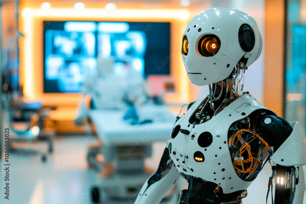 Futuristic robot assistant in a high-tech medical office, the concept of modern technologies in medicine Futuristic robot assistant in a high-tech medical office, the concept of modern technologies in medicine
