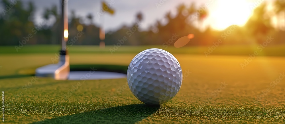 A detailed shot of a golf ball resting on the green with the hole and flagstick in the background capturing the anticipation of sinking the putt A detailed shot of a golf ball resting on the green with the hole and flagstick in the background capturing the anticipation of sinking the putt