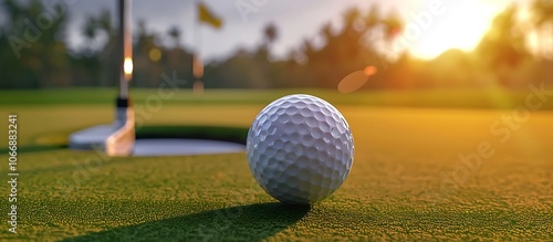 A detailed shot of a golf ball resting on the green with the hole and flagstick in the background capturing the anticipation of sinking the putt