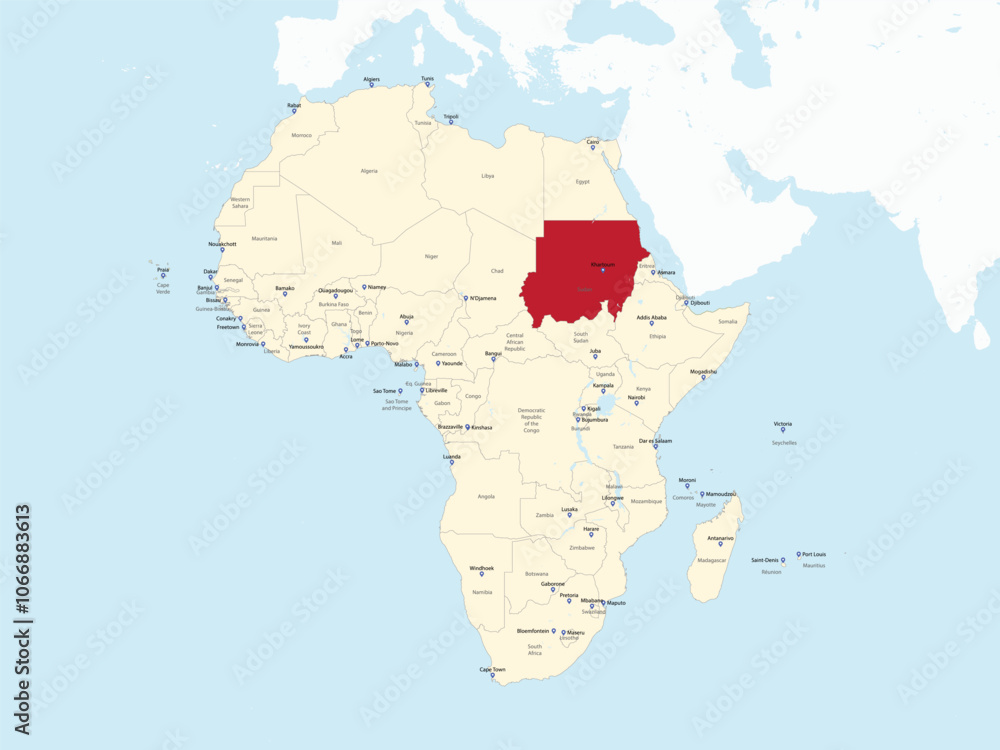 Obraz premium Detailed national location map of SUDAN within the great continent of Africa