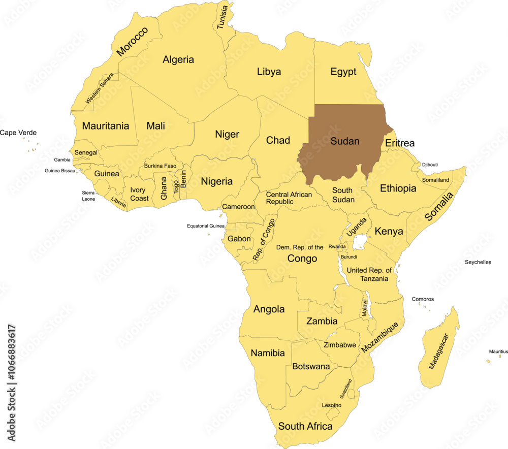 Obraz premium Detailed national location map of SUDAN within the great continent of Africa