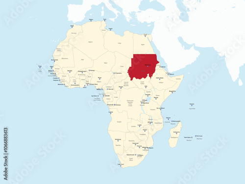 Detailed national location map of SUDAN within the great continent of Africa