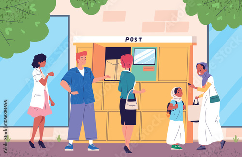 Self service locker. People self-delivery post station, modern delivery lockers automat machine shipment terminal automatic parcel pick up postal storage classy vector illustration