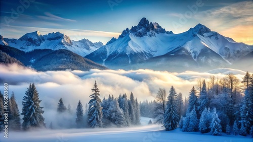 Majestic Winter Mountains Shrouded in Fog - Breathtaking Landscape Photography Capturing the Serenity and Mystery of Snow-Capped Peaks Surrounded by Ethereal Mist