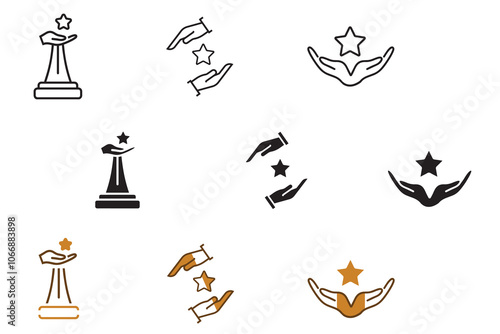 Hand holding star icon set. Vector illustration of core value, business, objective, mission, growth, success, symbol. People goal dream achievement success signs