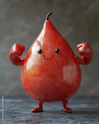 3D rendering of A cute, red, teardrop-shaped character with a happy face flexing his biceps. The focus is sharp, highlighting the image without any text or graphics. generative ai photo