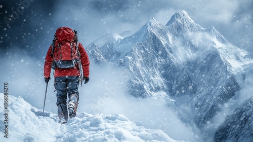 A red suit is worn by climbers in a snowy environment before they begin their ascent.