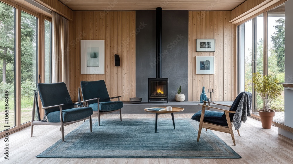 Fototapeta premium Modern Living Room with Fireplace and Large Windows