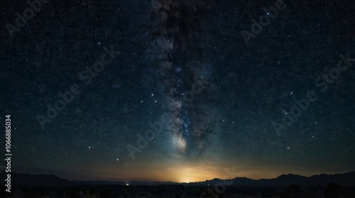 Milky Way Majesty: A breathtaking panoramic view of the Milky Way galaxy stretching across the night sky, casting a celestial glow over the distant horizon.